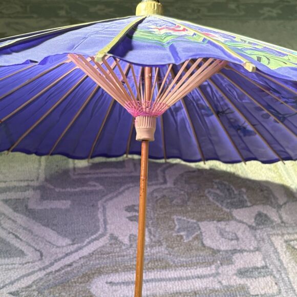 Vintage Hand Painted Japanese Chinese Bamboo Wood Umbrella Parasol - Picture 5 of 9